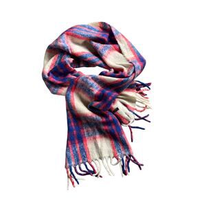 J.Crew Unisex Red Blue Plaid Winter Scarf with Fringe Wool Blend 80" x 18"
